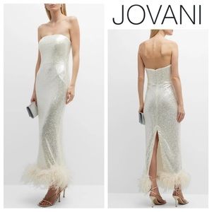 Jovani Strapless Sequin Feather-Trim Gown